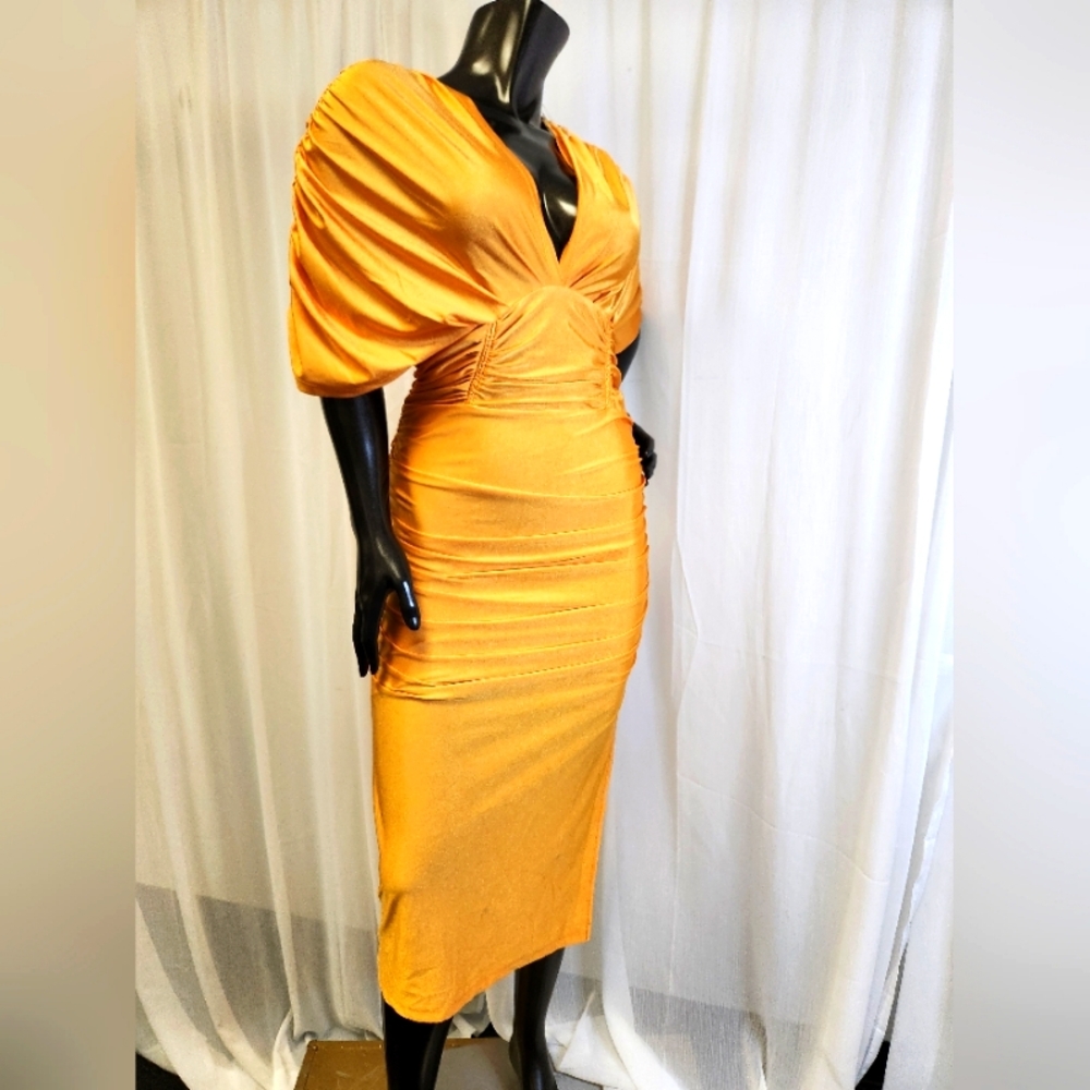 Elegant Ruched Dress In Mustard - Picture 3 of 15